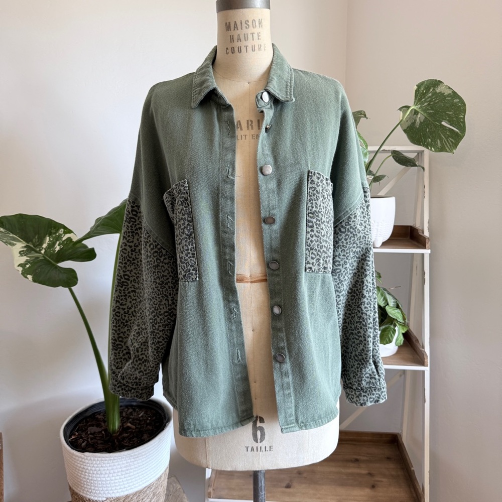 Green Denim Leopard Print Jacket - image 1